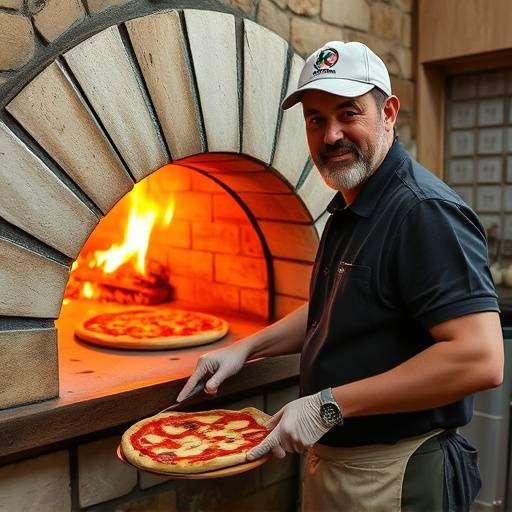 Antonio Esposito, pizzaiolo del Ristorante Bella Napoli, mentre inforna una pizza nel forno a legna