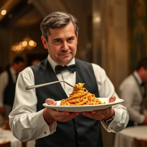 Luigi De Luca, cameriere del Ristorante Bella Napoli, serve un piatto di pasta ai clienti