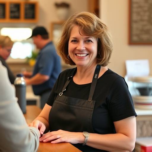 Ritratto di Maria Esposito, responsabile di sala del Ristorante Bella Napoli, accoglie i clienti con un sorriso