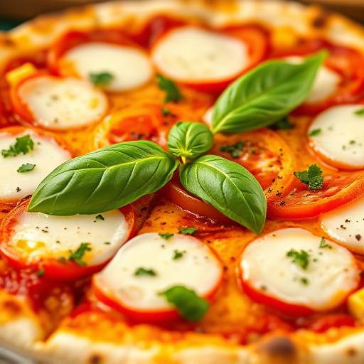 Una pizza margherita appena sfornata con basilico fresco in primo piano